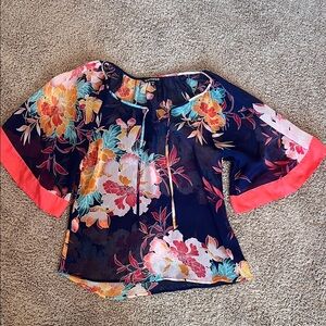 Express Navy and Coral Floral Blouse
